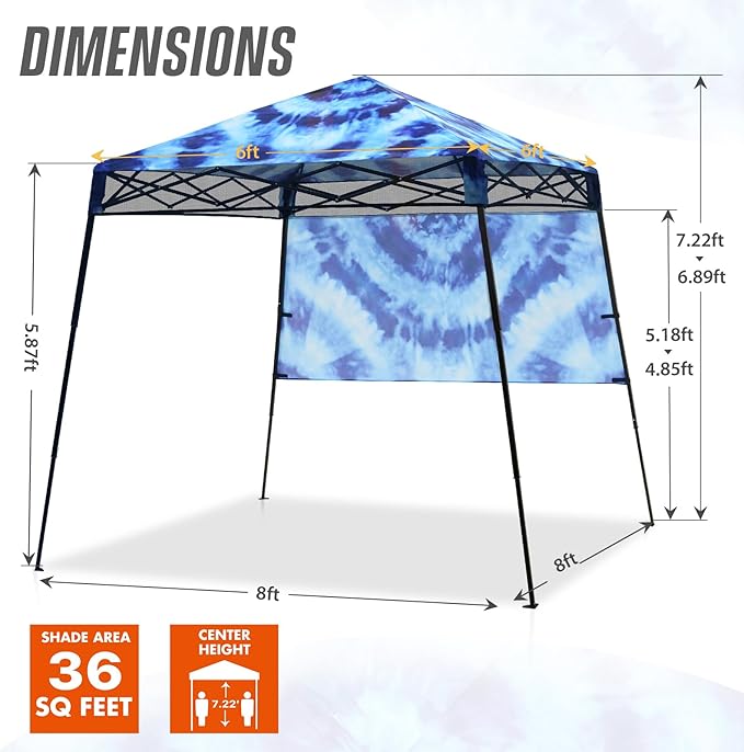EAGLE PEAK 8x8 Pop Up Canopy Tent with Sidewall, Compact, Portable Slant Leg Instant Sun Shelter for Beach, Sports, & Camping, 8x8 Base 6x6 Top, Tie Dye Blue