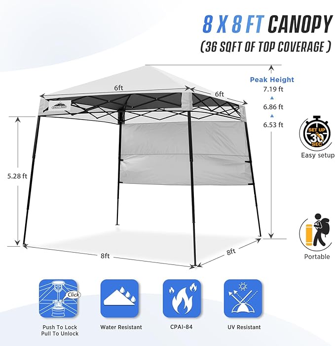 EAGLE PEAK 8x8 Pop Up Canopy Tent with Sidewall, Compact, Portable Slant Leg Instant Sun Shelter for Beach, Sports, & Camping, 8x8 Base 6x6 Top, White