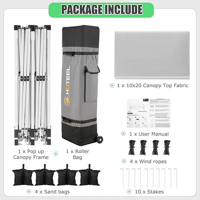 HOTEEL 10×20 Pop Up Canopy, Canopy Tent UV 50+ and Waterproof, Thickened Frame, Large Space Easy Tent, Outdoor Canopies for Weddings, Beaches, Parties, Patio (White)