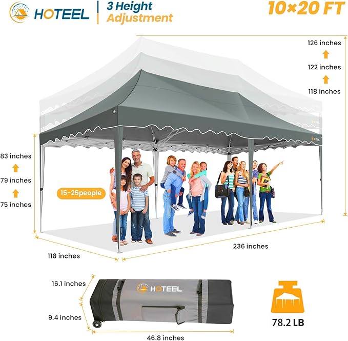 HOTEEL 10x20 Pop up Canopy Tent with 6 Removable Sidewalls, Wave Hem Roof 10x20 Canopy with Wheel Bag and 4 Sandbag, Commercial Pop up Tent Waterproof Sunshade for Wedding Party Stall(Gray)