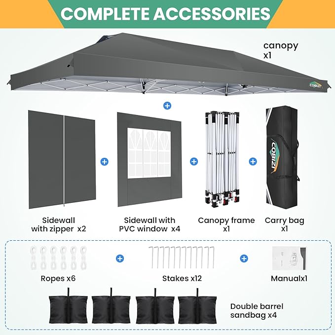 COBIZI 10x20 Pop Up Canopy Tent with 6 Removable Sidewalls,Waterproof & UV 50+ Easy Up Canopy,Commercial Gazebo with Air Vent,4 Sand Bags,4 Stakes & 8 Ropes,Tents for Parties/Camping/Backyard,Gray