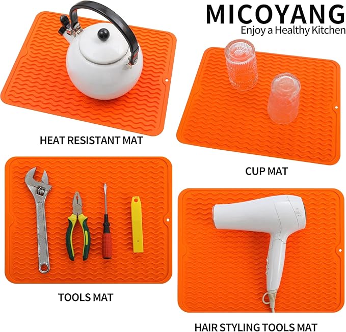 Silicone Dish Drying Mat for Multiple Usage,Easy clean,Eco-friendly,Heat-resistant Silicone Mat for Kitchen Counter or Sink,Refrigerator or drawer liner Orange L 16 inches x 12 inches