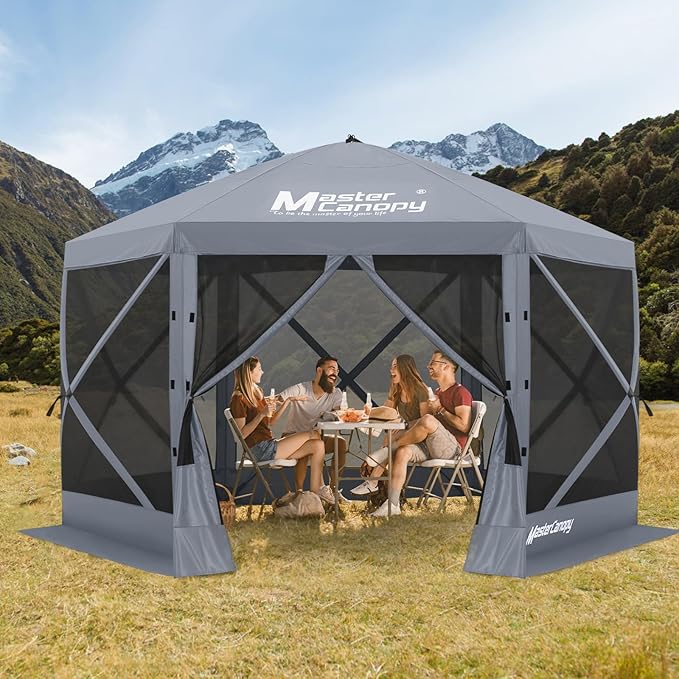 MASTERCANOPY 10x10FT Pop Up Gazebo Screen Tent - Instant Screen House with Netting, Quick Set, Outdoor Canopy Shelter with Carry Bag for Camping, Backyard & Patio (Gray)