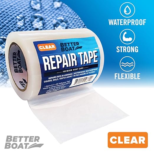 Repair Tape for Fabric Boat Covers, Canvas Tents, Pop-Up Campers, RV Awnings, Tarps, Canopies, Bimini Tops, Sails, Air Mattress Patch Kit, 30ft x 3" Clear Heavy-Duty Waterproof Vinyl