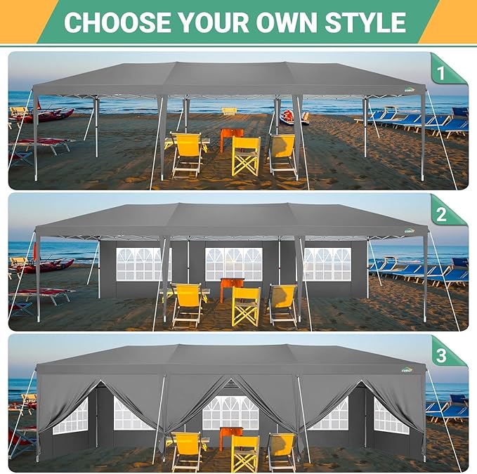 COBIZI 10x30 Pop Up Canopy with 8 Sidewalls Tents for Parties Waterproof Commercial Instant Canopy 10x30 Party Tent for Backyard, Wedding Portable Outdoor Gazebo with Carrybag&4 Sandbags, Gray