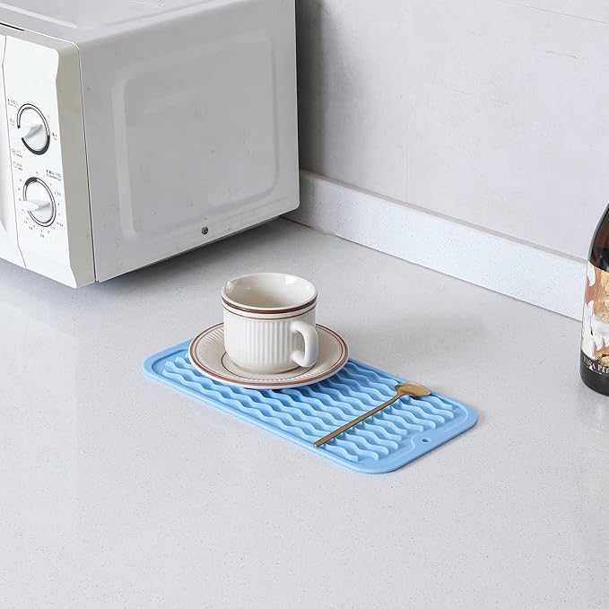 Silicone Dish Drying Mat for Multiple Usage,Easy clean,Eco-friendly,Heat-resistant Silicone Mat for Kitchen Counter or Sink,Refrigerator or Drawer Liner Light Blue S 12 inches x 6 inches