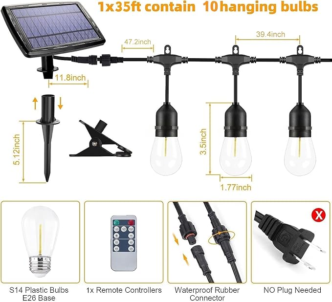 Solar String Lights with Remote Control, 35FT Dimmable Outdoor String Lights Waterproof, Patio Lights Solar Powered for Garden Backyard Camping