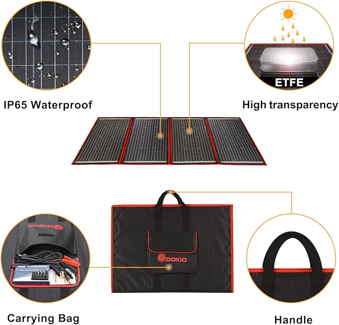 DOKIO 200W Portable Foldable Solar Panel Kit, Compact 21x36in Design 11.7lb with Separate Controller and Dual USB, Monocrystalline Charger for 12V Batteries & Power Stations, RV Camping Emergency Use