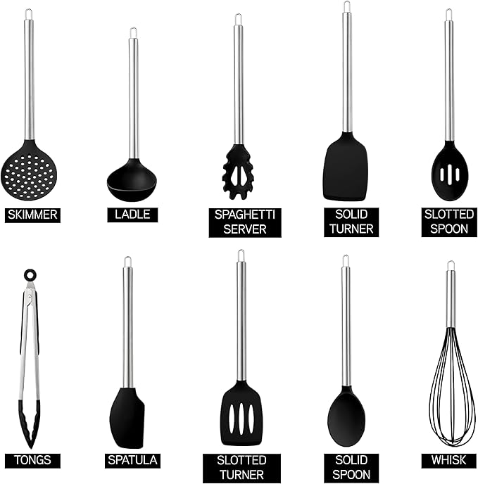 COOK WITH COLOR Silicone Cooking Utensils, Kitchen Utensil Set, Easy to Clean Silicone Kitchen Utensils, Cooking Utensils for Nonstick Cookware, Kitchen Gadgets Set, 10 Pieces, Black