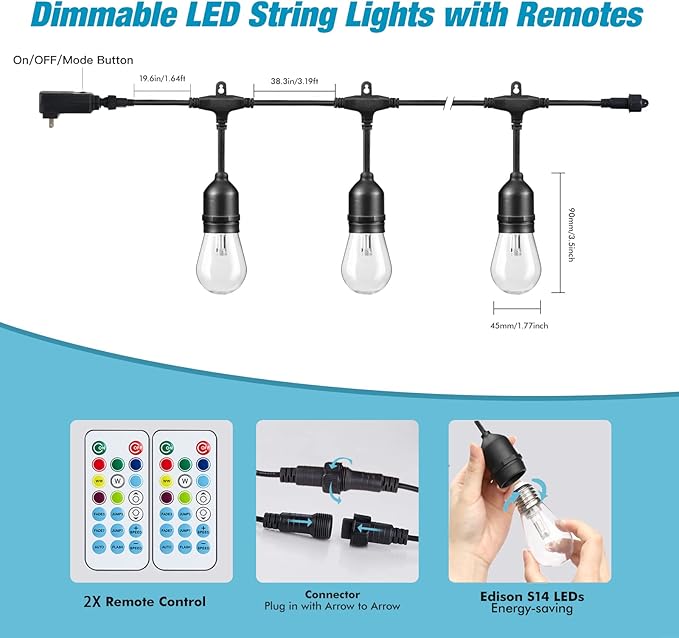 Outdoor String Lights, 96FT Color Changing Outdoor String Lights, Patio Lights Waterproof Porch Light with Remote, for Patio Decor