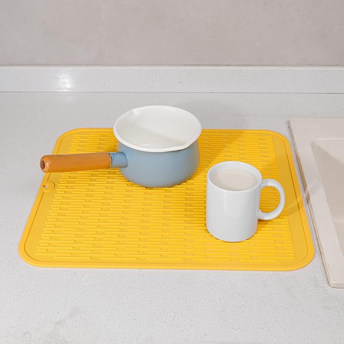 Silicone Dish Drying Mat for Multiple Usage,Easy clean,Eco-friendly,Heat-resistant Silicone Mat for Kitchen Counter or Sink,Refrigerator or Drawer Liner Yellow 2XL 24 inches x 18 inches