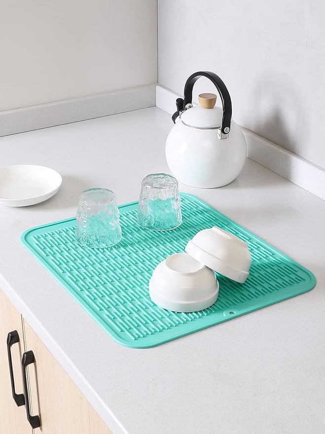 Silicone Dish Drying Mat for Multiple Usage,Easy clean,Eco-friendly,Heat-resistant Silicone Mat for Kitchen Counter or Sink,Refrigerator or Drawer Liner Mint XL 18 inches x 16 inches