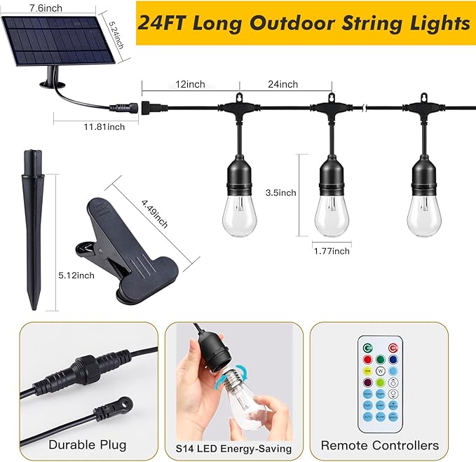 24FT RGB Solar Outdoor String Lights - Dimmable Commercial Patio Lights with 8 Modes, IP65 Waterproof & Remote Control for Garden, Wedding, Cafe