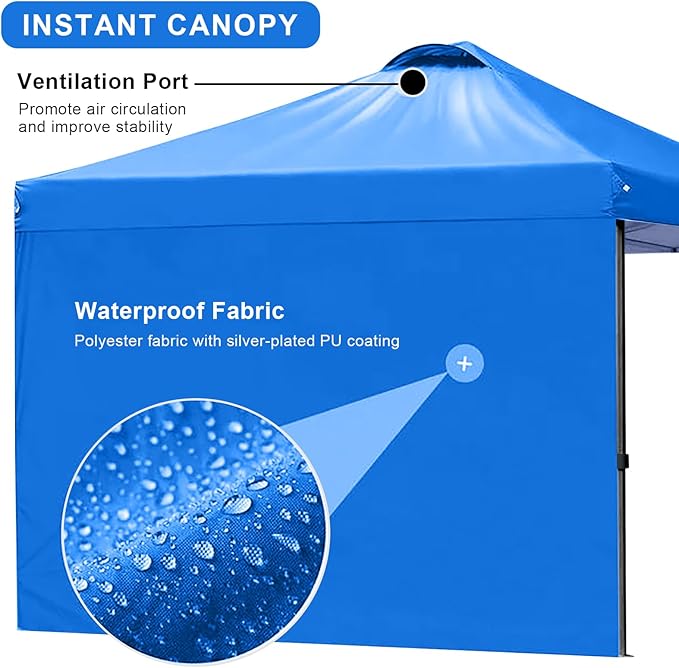 KAMPKEEPER 10x10 Pop Up Canopy Tent with 2 Sidewalls, Beach Tent - Easy Outdoor Sun Shade for Events, Parties, Camping - Gazebo with 4 Weight Bags & Carry Bag.(Blue)