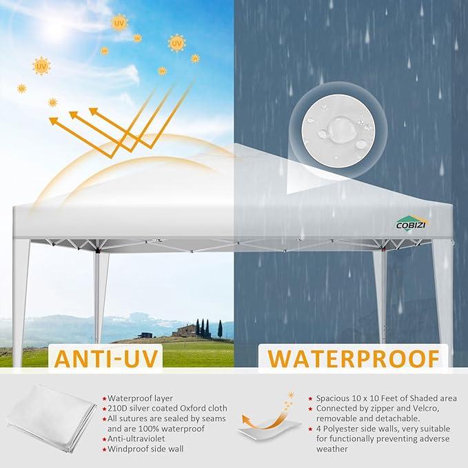 COBIZI 10x10 Pop Up Canopy Tent with 4 Sidewalls,10x10 Easy Up Waterproof Canopy Tents for Parties Camping Exhibition, Outdoor Easy Set U Gazebo Tent with Carry Bag,8 Stakes & 4 Ropes(White