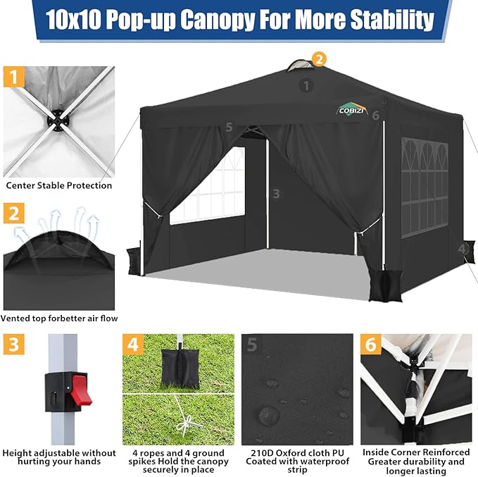 COBlZI 10x10 Pop Up Canopy Tent with 4 Removable Sidewalls,One Push Setup Waterproof Commercial Gazebo Tent with Air Vent, 4 Sandbags,4 Stakes & 8 Ropes(Tents for Party/Exhibition-Black