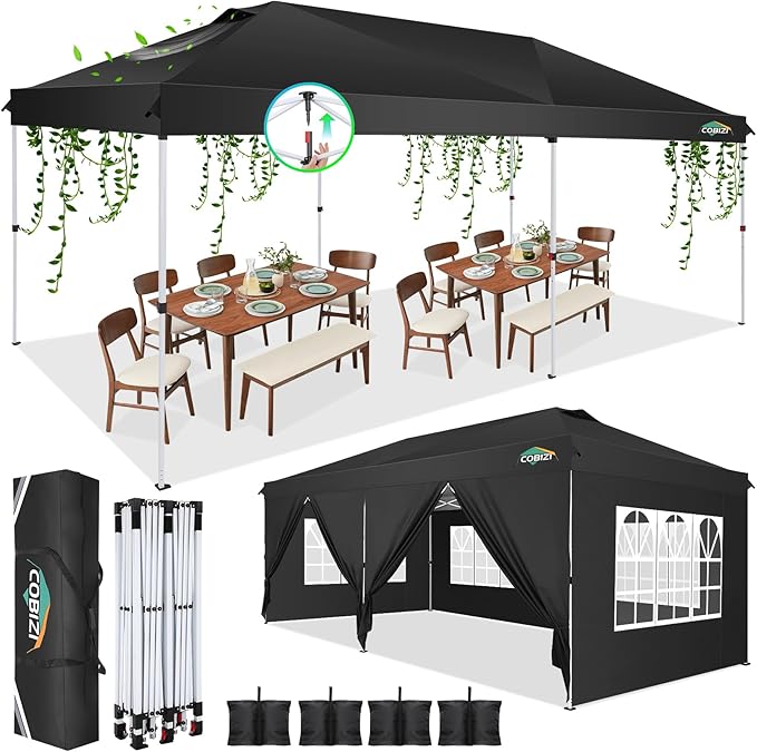 COBIZI 10x20 Pop Up Canopy Tent with 6 Removable Sidewalls,Waterproof & UV 50+ Easy Up Canopy,Commercial Gazebo with Air Vent,4 Sand Bags,4 Stakes & 8 Ropes,Tents for Parties/Camping/Backyard,Black