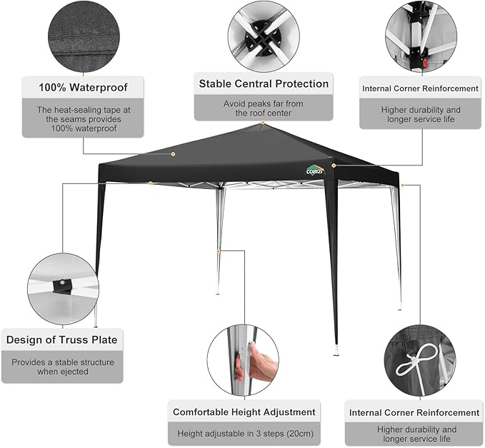 COBIZI 10x10 Pop Up Canopy Tent with 4 Sandbags, Easy Set Up Tent, Instant Outdoor Sun Shelter Canopy with 8 Stakes,4 Ropes&Carry Bag, Tents for Parties, Beach, Backyard,Camping(Black
