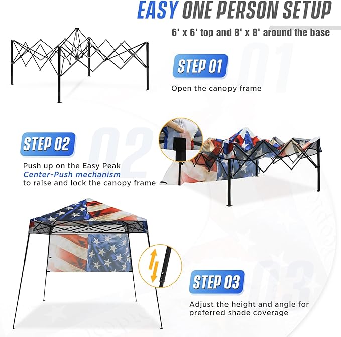 EAGLE PEAK 8x8 Pop Up Canopy Tent with Sidewall, Compact, Portable Slant Leg Instant Sun Shelter for Beach, Sports, & Camping, 8x8 Base 6x6 Top, Stars and Stripes