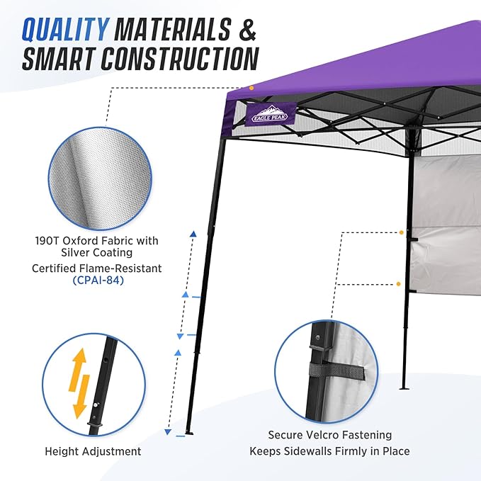 EAGLE PEAK 8x8 Pop Up Canopy Tent with Sidewall, Compact, Portable Slant Leg Instant Sun Shelter for Beach, Sports, & Camping, 8x8 Base 6x6 Top, Purple