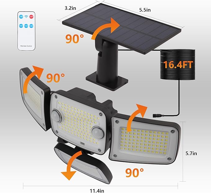 Solar Outdoor Lights, Motion Sensor Security Lights with Remote Control, 3000LM 4 Heads LED Flood Lights, IP65 Waterproof Wall Lights for Patios, Streets, Driveway and Outside Yard