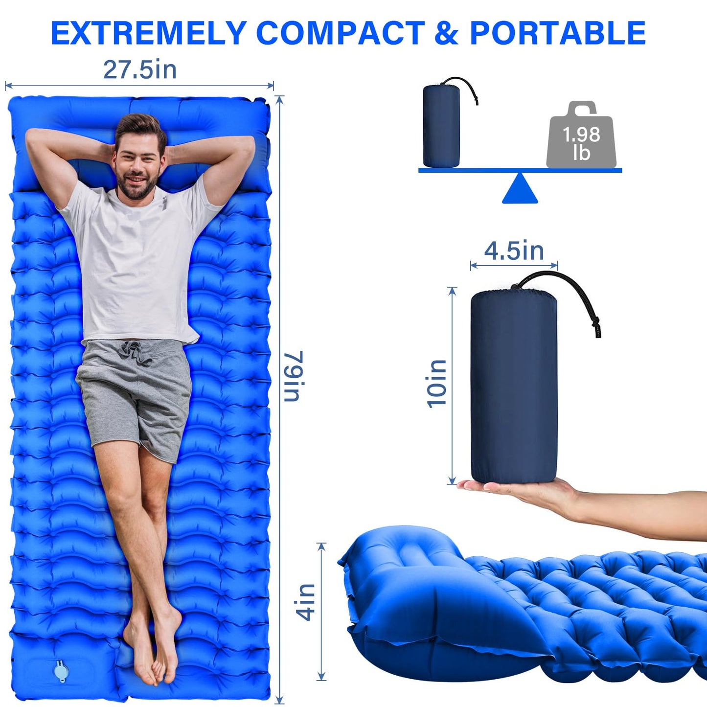 Camping Sleeping Pad, Ultralight Camping Mat with Pillow Built-in Foot Pump Inflatable Sleeping Pads Compact for Camping Backpacking Hiking Traveling - Orange