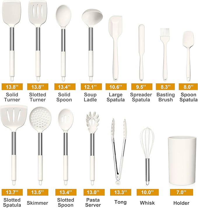 LIANYU 15 Pcs Cooking Kitchen Utensils Set with Holder, Silicone Kitchen Gadgets with Stainless Steel Handle, Heat Resistant Spatula Tools, Brush Spoon Tong Whisk Ladle Turner for Cookware, White
