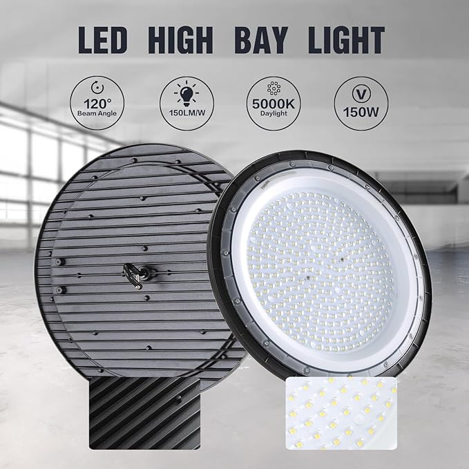 150W LED High Bay Lights with US Plug, 21000LM High Bay LED Shop Light, 5000K Daylight, IP65 Waterproof, UFO Commercial Warehouse Workshop Factory Barn Garage Lighting 4 Pack