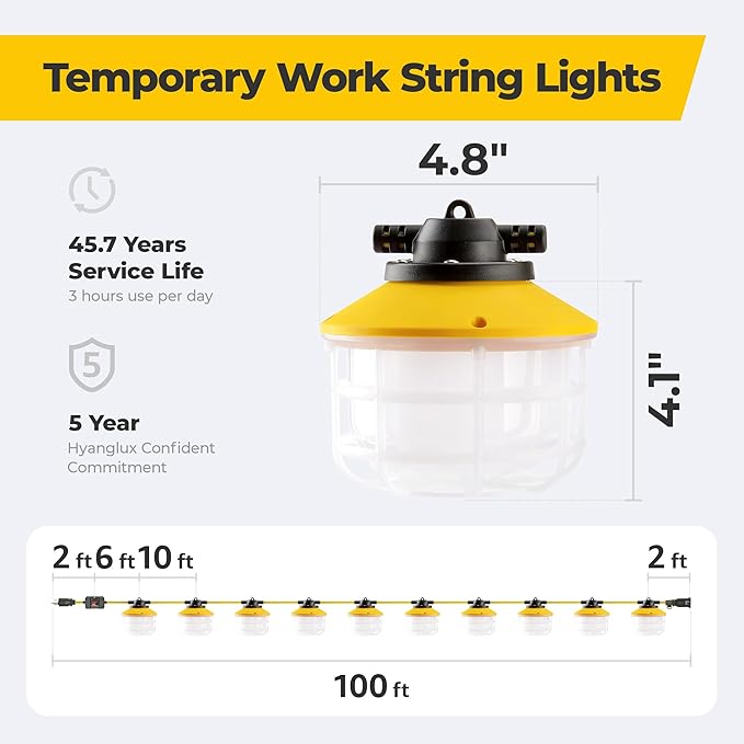 Outdoor Construction LED String Lights with Switch: 3 Prong 100FT 150w 21000lm ETL Certified Bright Industrial Temporary Lighting Hanging IP65 Waterproof Work Light for Attic Jobsite Garage