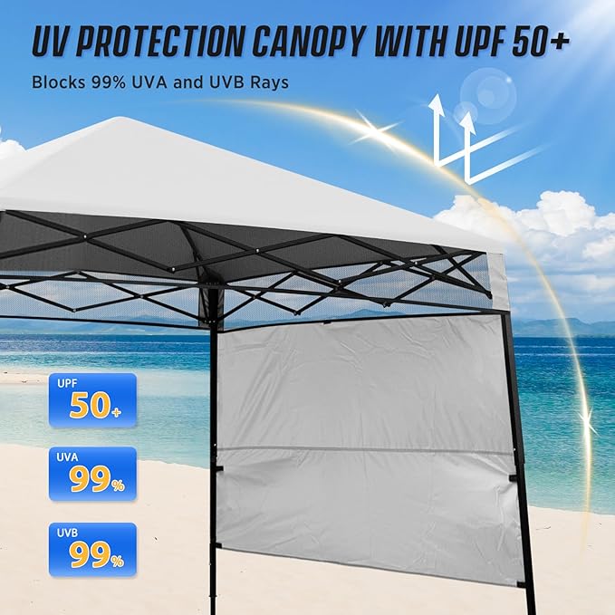 EAGLE PEAK 8x8 Pop Up Canopy Tent with Sidewall, Compact, Portable Slant Leg Instant Sun Shelter for Beach, Sports, & Camping, 8x8 Base 6x6 Top, White