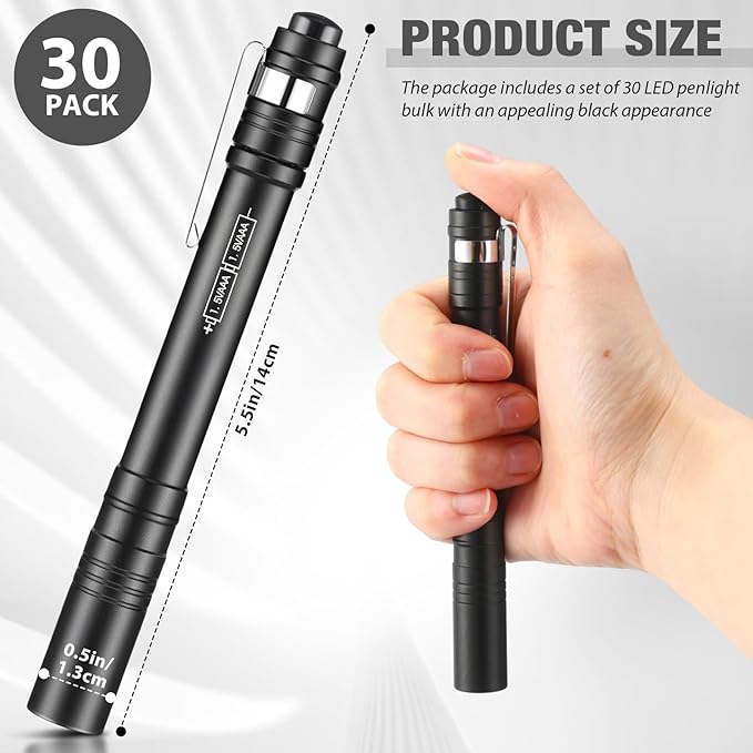 30 Pack Mini Pen Flashlights Bulk LED Pen Lights Aluminum Pocket Flashlights with Clips Small Handheld Torches Gifts for Camping Hiking Emergency Outdoor (Black)