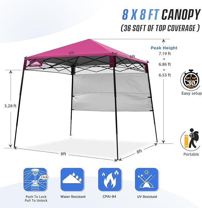 EAGLE PEAK 8x8 Pop Up Canopy Tent with Sidewall, Compact, Portable Slant Leg Instant Sun Shelter for Beach, Sports, & Camping, 8x8 Base 6x6 Top, Pink