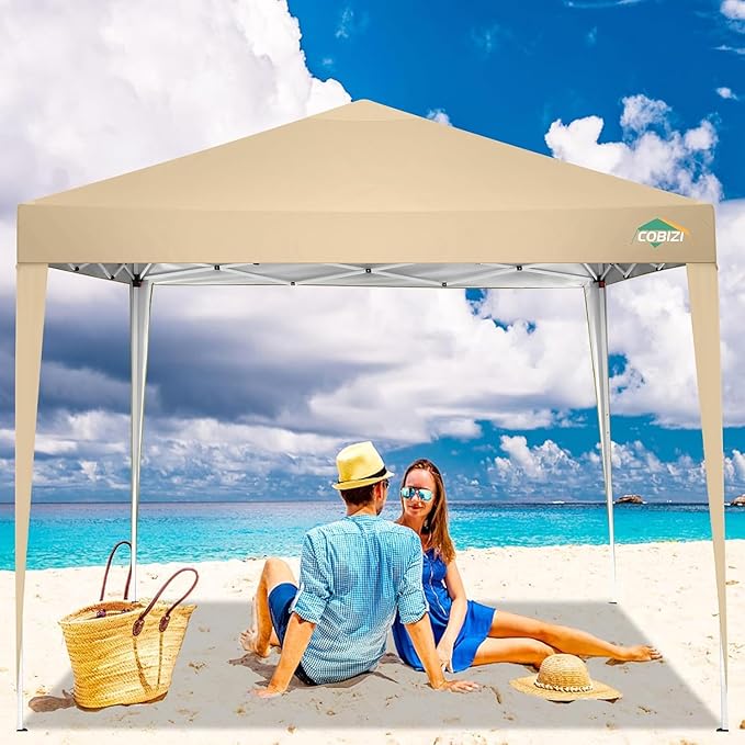 COBIZI 10x10 Pop Up Canopy Tent with 4 Sandbags, Easy Set Up Gazebo, Instant Outdoor Sun Shade &Waterproof Canopy with 8 Stakes,4 Ropes&Carry Bag, Tents for Parties, Beach, Backyard,Camping(Khaki