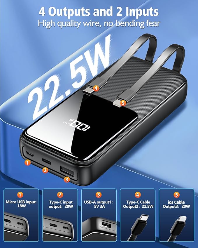 Portable Charger Power Bank - 36800mAh Fast Charging Powerbank Battery Pack with Built in USB-C(22.5W) and iOS(20W) Output Cable Compatible with iPhone Android Samsung etc (1 Pack, Black)