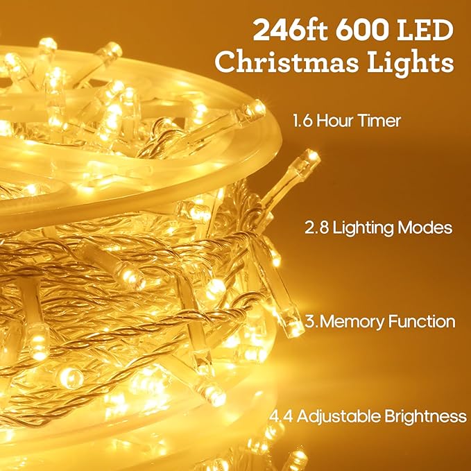 246FT 600 LED Christmas Lights Outdoor Waterproof 8 Modes String Lights for Outside Warm White Christmas Tree Lights Plug in for Outside Indoor Bedroom Wedding Party Holiday Decorations