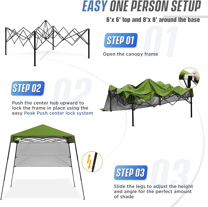 EAGLE PEAK 8x8 Pop Up Canopy Tent with Sidewall, Compact, Portable Slant Leg Instant Sun Shelter for Beach, Sports, & Camping, 8x8 Base 6x6 Top, Grass Green
