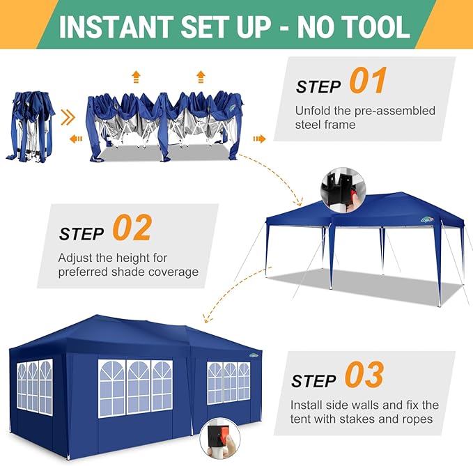 COBIZI Canopy 10x20 Pop Up Canopy Tent with 6 Sidewalls Easy Pop Up Tent 10x20 Waterproof Commercial Instant Shelter UPF 50+ Portable Gazebo Wedding Tents for Parties Carport Vender Events