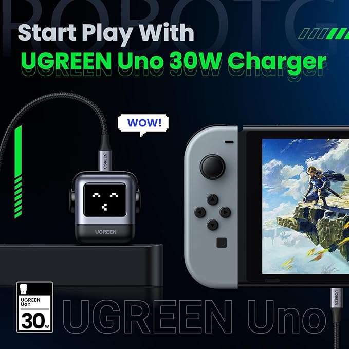 UGREEN Uno 30W USB C Charger Block, Compact Nexode Robot GaN Fast Charger for iPhone 16/15/14, Galaxy S25/S24/S23, Pixel 9/8/7, MacBook Air, iPad Pro (Black)