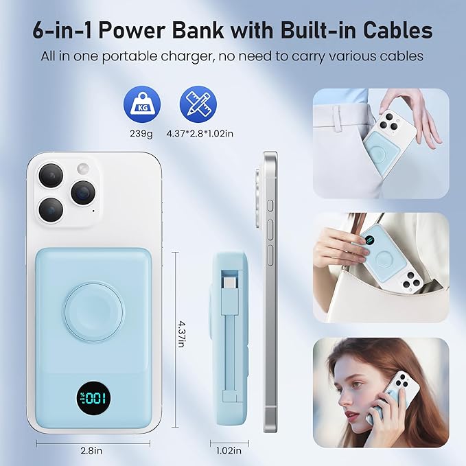 Magnetic Portable Charger for iPhone with Built-in Cables, 6-in-1 10800mAh Power Bank with iWatch Charger & LCD Display,25W Fast Charging Battery Pack for iPhone 16/15/14/13/12,Apple Watch (Sky Blue)