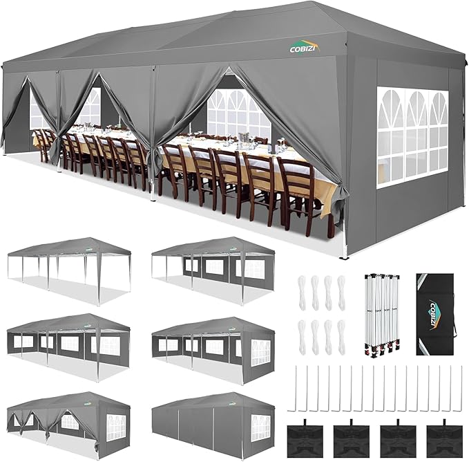 COBIZI 10x30 Pop Up Canopy with 8 Sidewalls Tents for Parties Waterproof Commercial Instant Canopy 10x30 Party Tent for Backyard, Wedding Portable Outdoor Gazebo with Carrybag&4 Sandbags, Gray