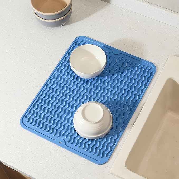 Silicone Dish Drying Mat for Multiple Usage,Easy clean,Eco-friendly,Heat-resistant Silicone Mat for Kitchen Counter or Sink,Refrigerator or Drawer liner Lichen BlueL M 12 inches x 12 inches