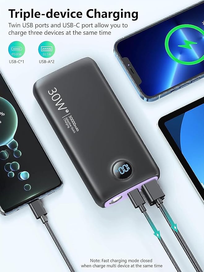Portable Charger-Output Input USB C Fast Charging LED Display SCP22.5W PD 30W QC4.0 Power Bank, Flashlight External Battery Pack for iPhone, Xiaomi, LG, and More (Black-Purple)