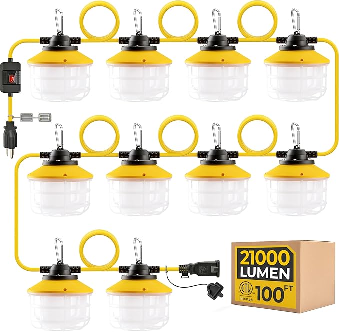 Outdoor Construction LED String Lights with Switch: 3 Prong 100FT 150w 21000lm ETL Certified Bright Industrial Temporary Lighting Hanging IP65 Waterproof Work Light for Attic Jobsite Garage