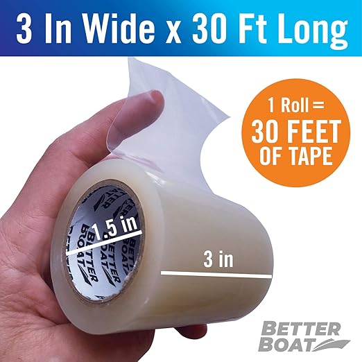 Repair Tape for Fabric Boat Covers, Canvas Tents, Pop-Up Campers, RV Awnings, Tarps, Canopies, Bimini Tops, Sails, Air Mattress Patch Kit, 30ft x 3" Clear Heavy-Duty Waterproof Vinyl