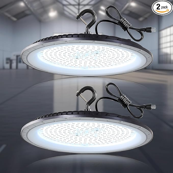 2 Pack 200W UFO LED High Bay Light, 5000K-Daylight, White, Aluminum, Energy Efficient, 30000LM, 120V, Commercial Bay Lighting for Warehouse, Workshop, Barn, Garage