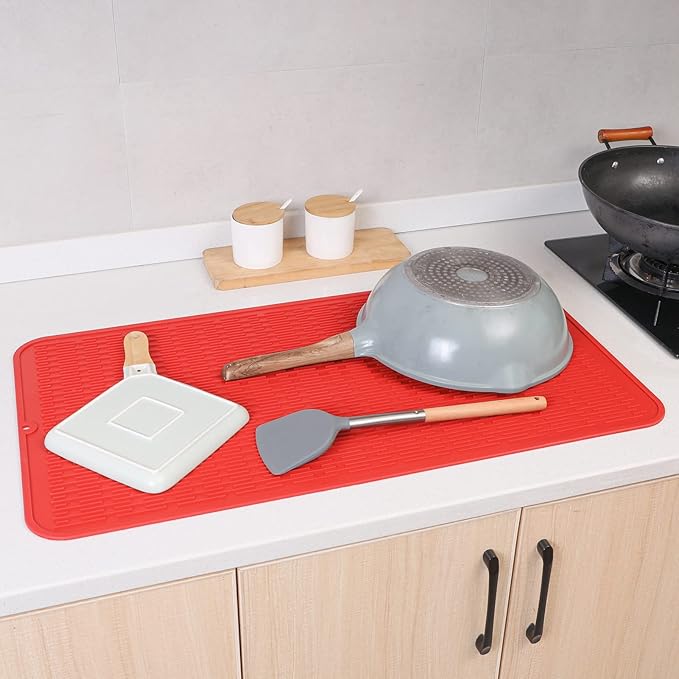 Silicone Dish Drying Mat for Multiple Usage,Easy clean,Eco-friendly,Heat-resistant Silicone Mat for Kitchen Counter or Sink,Refrigerator or Drawer Liner Red 4XL 32 inches x 18 inches