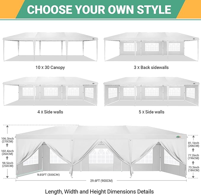 COBIZI 10x30 Pop Up Canopy Tent for Parties with 8 Sidewalls Waterproof Commercial Instant Canopy 10x30 Party Tent for Backyard, Wedding Portable Outdoor Gazebo with Carrybag&4 Sandbags(White