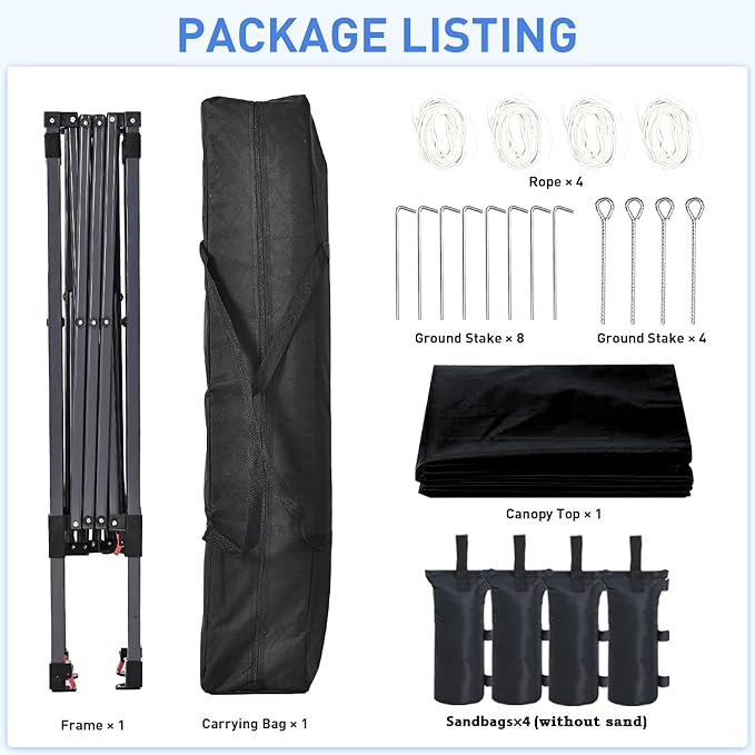 Pop Up Canopy, 10x10 FT Instant Outdoor Canopy Tent with Sandbags, 3 Adjustable Heights - Portable for Event, Parties, Camping and More Outdoor Activities