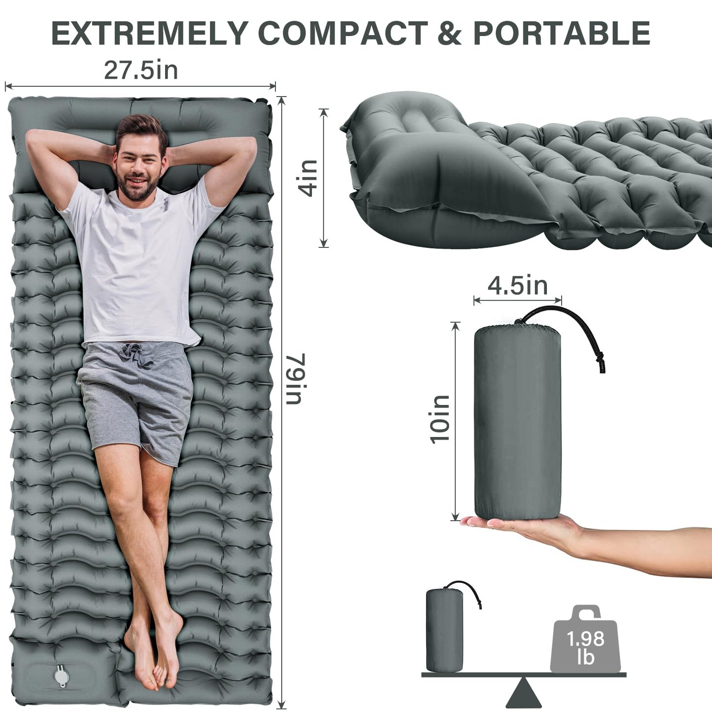 Camping Sleeping Pad, Ultralight Camping Mat with Pillow Built-in Foot Pump Inflatable Sleeping Pads Compact for Camping Backpacking Hiking Traveling - Orange