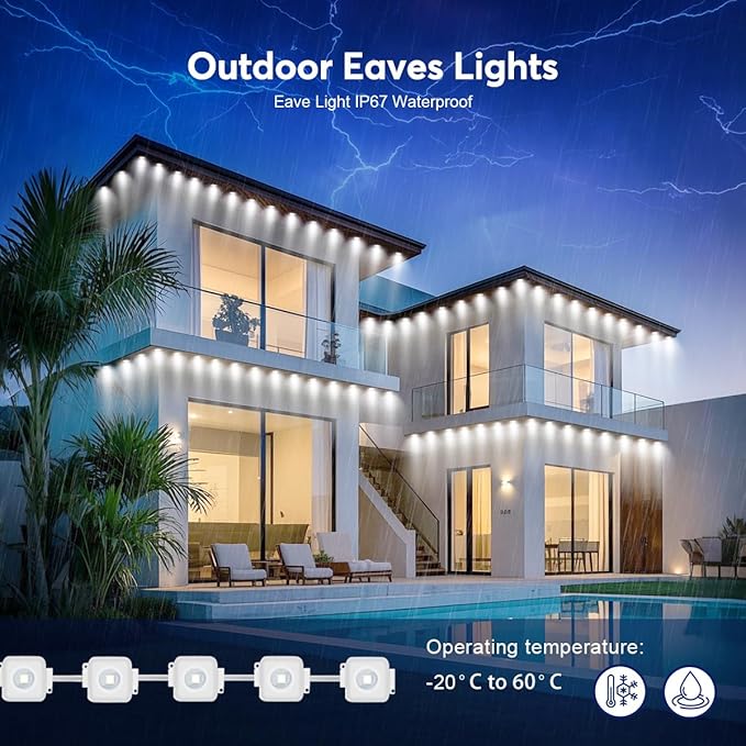 200ft Permanent Outdoor Lights for House, App & Remote Control, RGB Smart Eaves Lights IP68 Waterproof for Christmas, Holiday, Daily Decor, 100LEDs